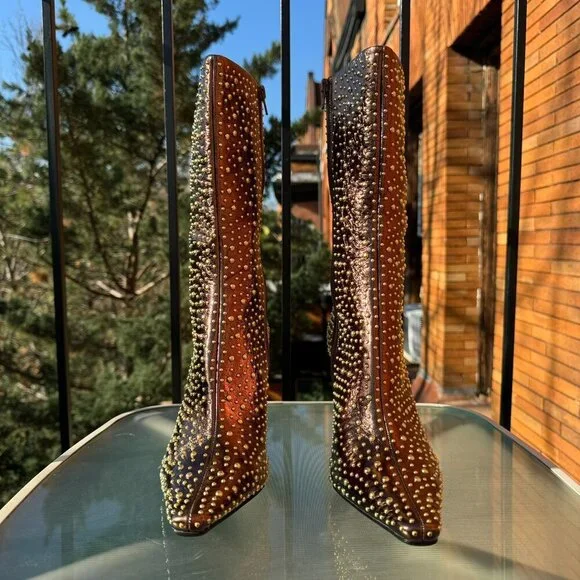 New Jeffrey Campbell Iconic Heeled Studded Boots Shoes Gold Bronze Womens 10